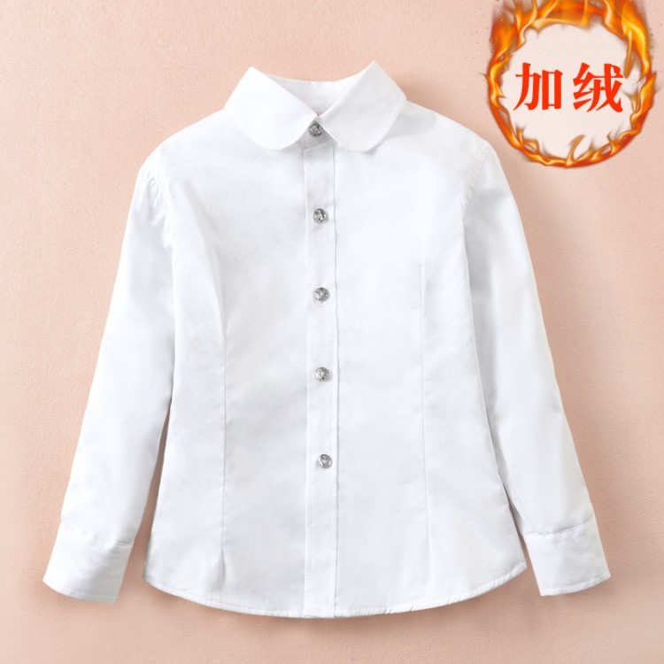 兒童白襯衫女童棉長(zhǎng)袖秋冬季加絨加厚保暖學(xué)生校服襯衣一件代發(fā)