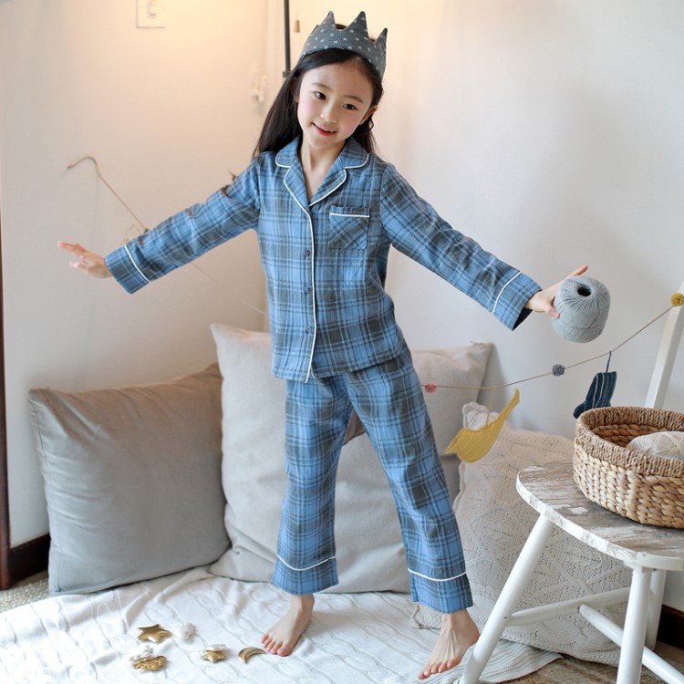 J4364  中大童春新品家居服休閑套裝男孩女孩棉質(zhì)簡(jiǎn)約格子兩件套