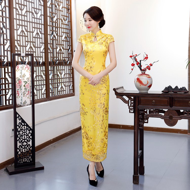 2019夏季長款亮片刺繡旗袍禮儀服裝迎賓服禮服開叉?zhèn)鹘y(tǒng)走秀旗袍裙