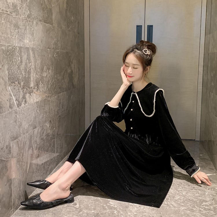 2019秋冬胖MM新款大碼女裝打底裙法式翻領(lǐng)釘珠顯瘦金絲絨連衣裙