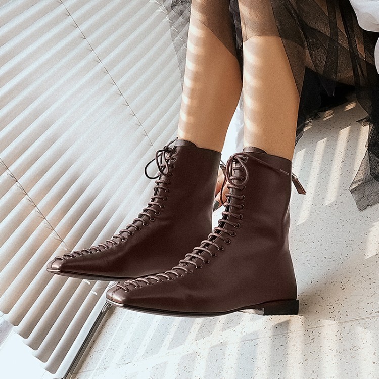 批發(fā)2019秋冬馬丁靴女真皮方頭低筒系帶短靴英倫風(fēng)粗低跟牛皮靴子