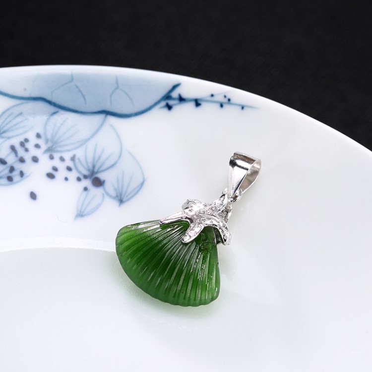 壹鹿銀S925銀天然和田玉碧玉海洋之星貝殼百搭女鎖骨鏈吊墜批發