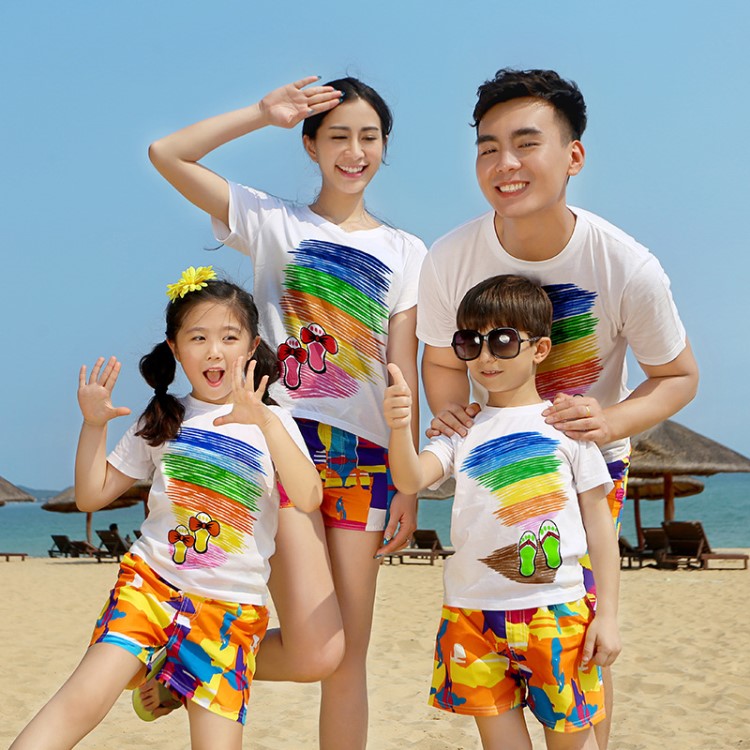 親子裝夏裝沙灘套裝全棉印花短袖T恤 速干加大沙灘褲一件代發定制