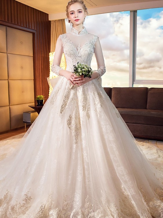 婚纱2019新款夏季结婚新娘拖尾奢华星空主婚纱礼服女长袖立领赫本