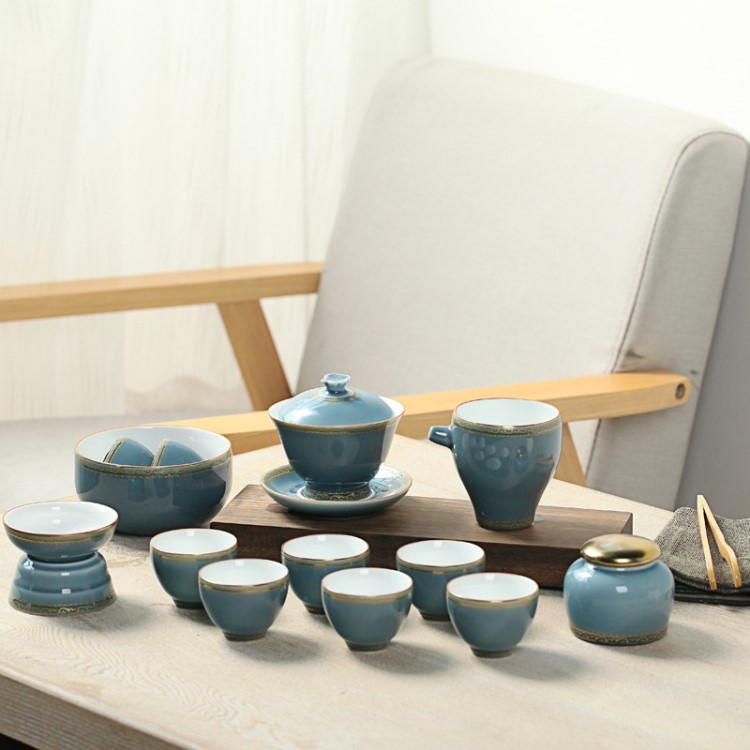 百昱電鍍霽青整套陶瓷茶具禮品套裝開業(yè)商務(wù)饋贈logo定制茶器