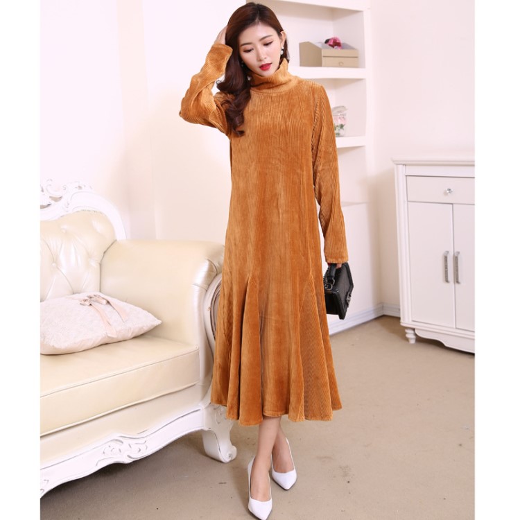 女式燈芯絨長袖荷葉邊連衣裙2017新款韓版顯瘦時尚春秋款高領裙子