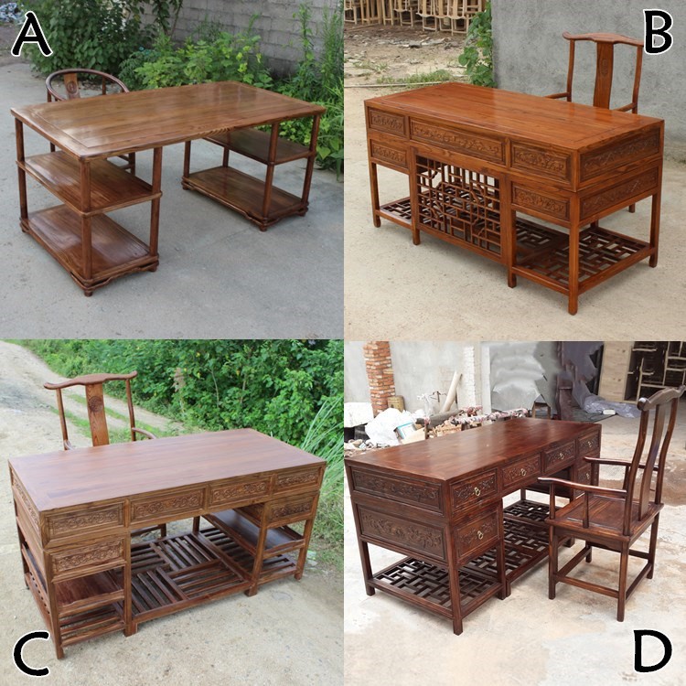 實木辦公桌1.6米雕花老板書桌仿古寫字臺電腦榆木大班臺明清家具