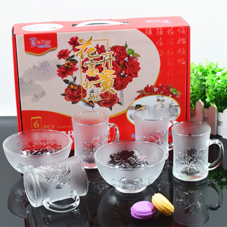 花開富貴杯碗六件套裝玻璃玉雕杯沙拉碗磨砂杯甜品碗雕花杯碗