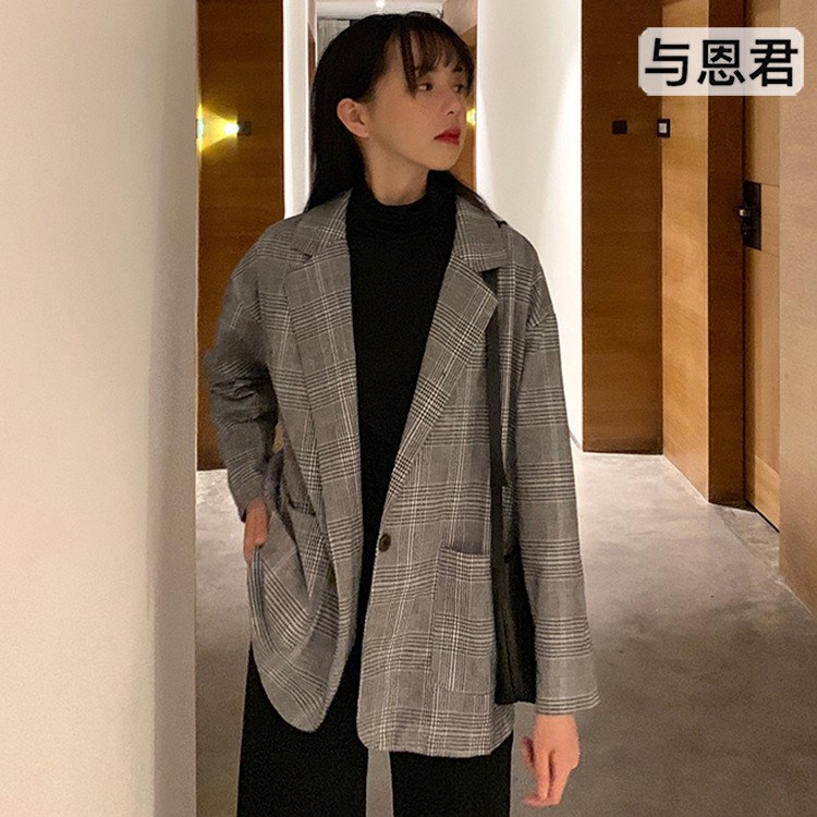 【與恩君10161】 英倫薄款格子小西裝外套女2019秋季新款韓版西服