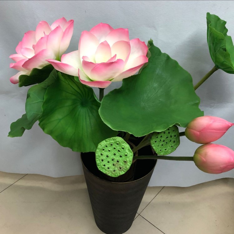 仿真帶桿荷花pu荷葉手感荷花塑料荷花苞蓮蓬中式田園風(fēng)佛堂裝飾花