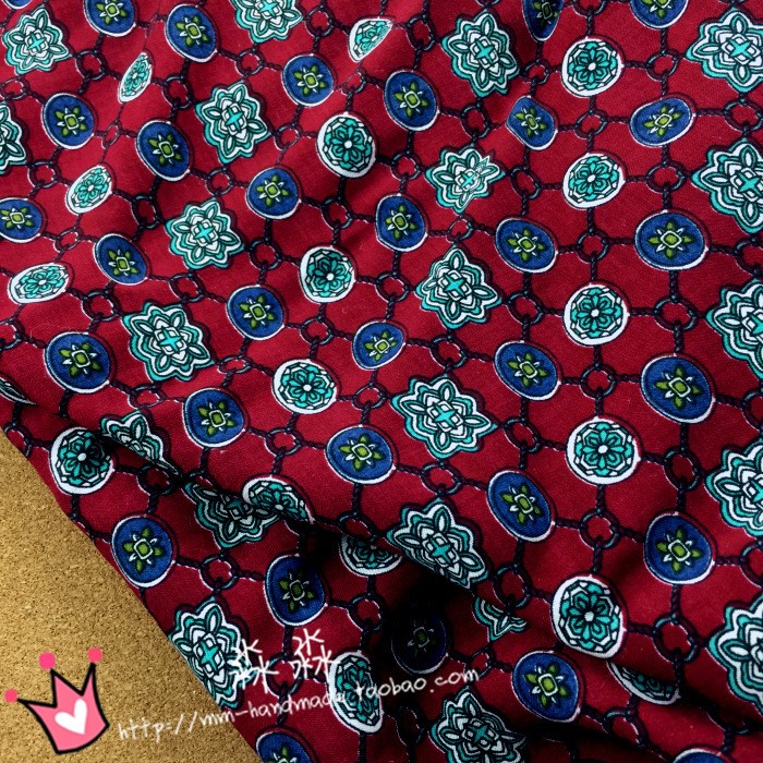 中國風復古布料 暗酒紅色銅錢印花人造棉 古裝裙子漢服布藝面料