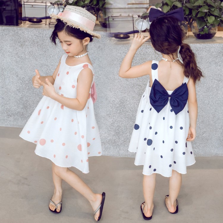 韓版童裙女童夏裝裙子2019新款 中小童兒童圓點(diǎn) 蝴蝶結(jié)連衣裙