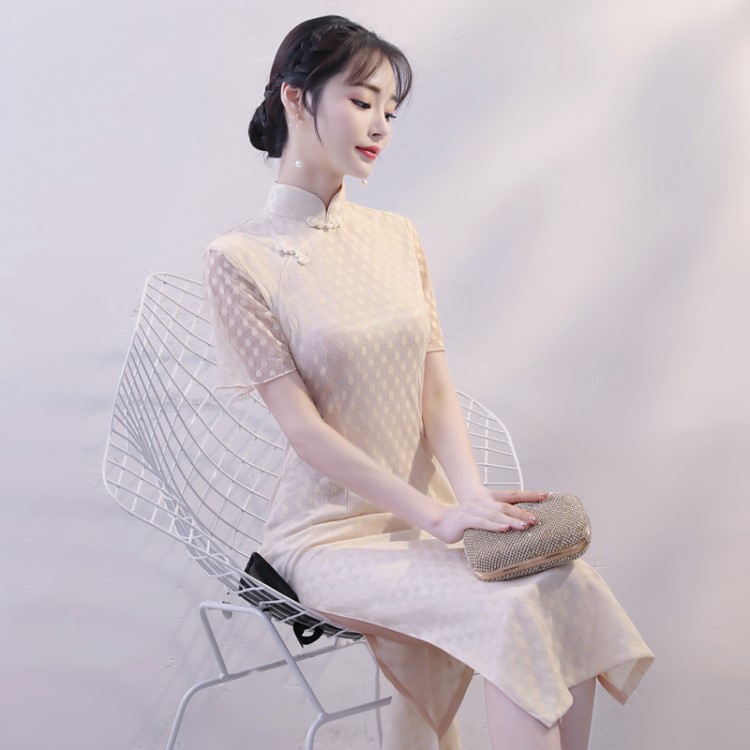2019春季新短袖立领蕾丝新款中长款旗袍上衣女时尚连衣裙厂家直销