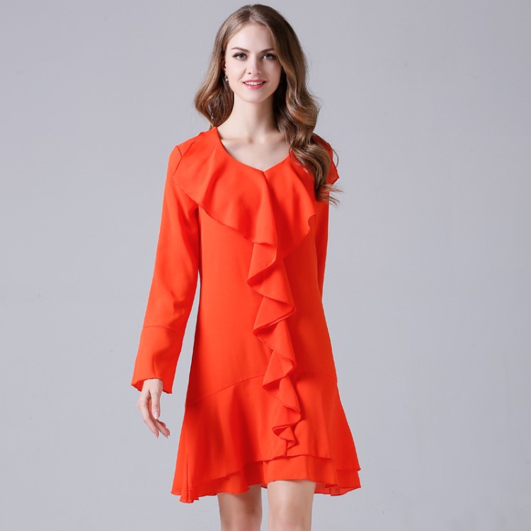 名媛氣質高雅春裝新款女裝荷葉邊V領修身長袖雪紡連衣裙JR3702