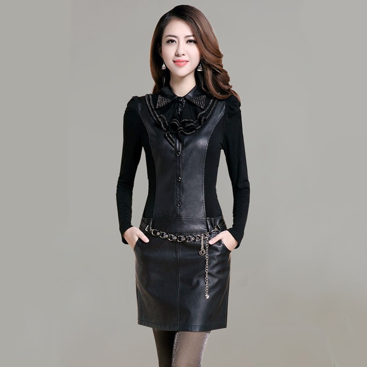 秋冬女裝新款韓版修身大碼長袖打底拼接PU皮連衣裙 4XL