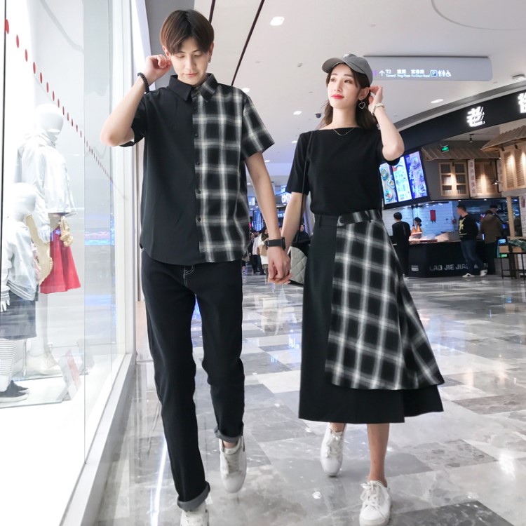 qlz情侶裝短袖2019夏季新品 男拼接襯衫 女T恤衫+格子半裙套裝