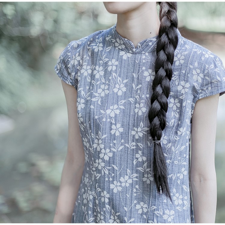 棉麻連衣裙旗袍文藝簡約矮立領(lǐng)青花瓷藍(lán)色復(fù)古連衣裙夏季新款批發(fā)