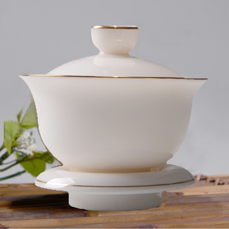 德化白瓷高白玉瓷甜白茶具蓋碗象牙白三才碗描金敬茶杯泡茶杯