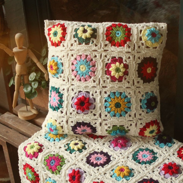 森女系田園風毛線手工鉤花立體花抱枕靠墊Handmade cushion