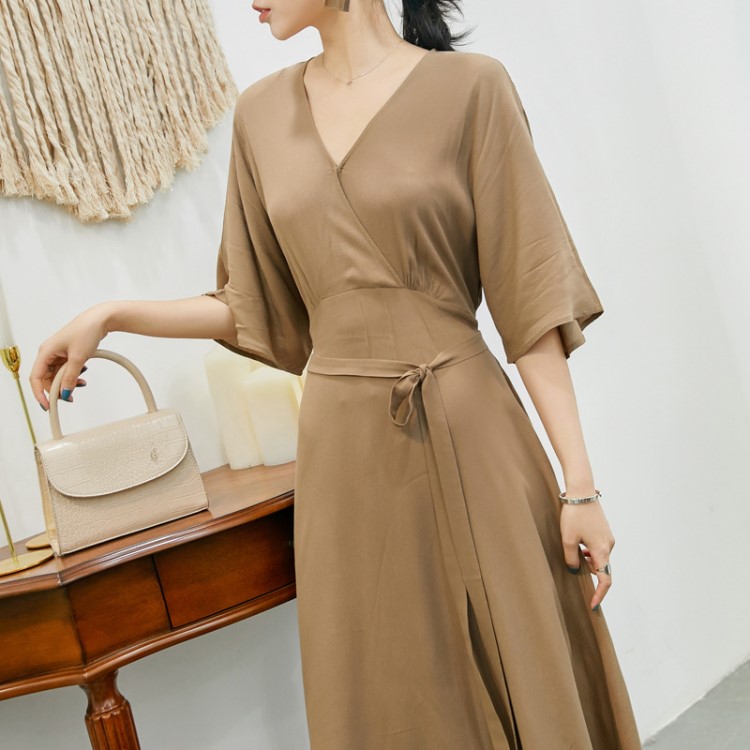 2019夏季女裝新款 色V領系帶寬松連衣裙休閑七分袖高腰顯瘦長裙