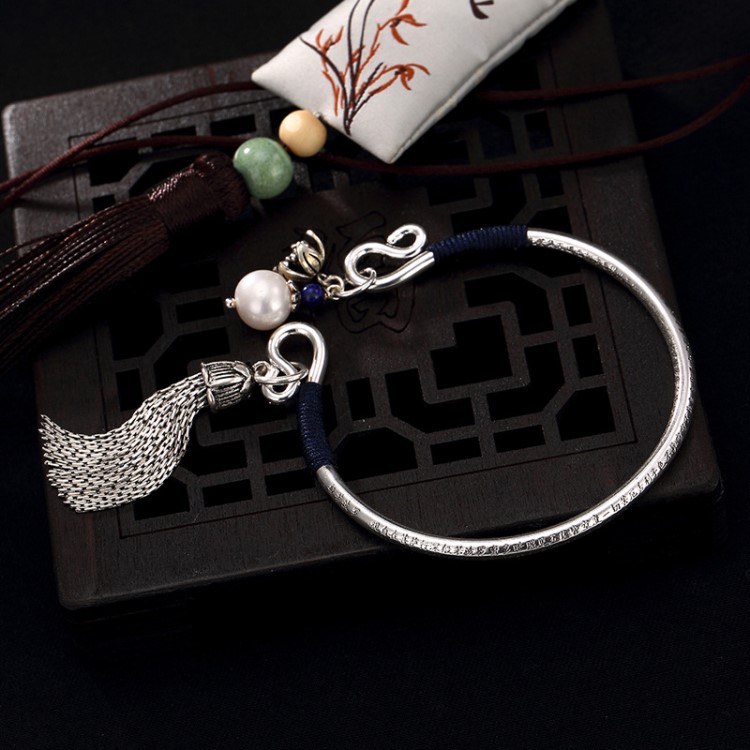 壹鹿銀S999足銀復古心經流蘇珍珠女士款開口銀手鐲手環批發