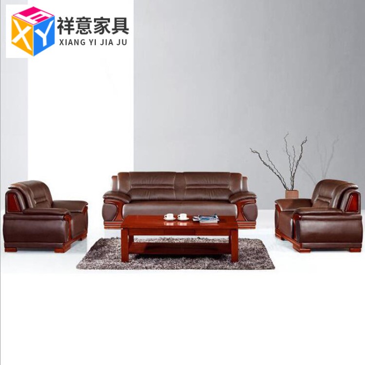 廣東現代簡約辦公沙發 單人位三人位實木皮質沙發茶幾組合家具