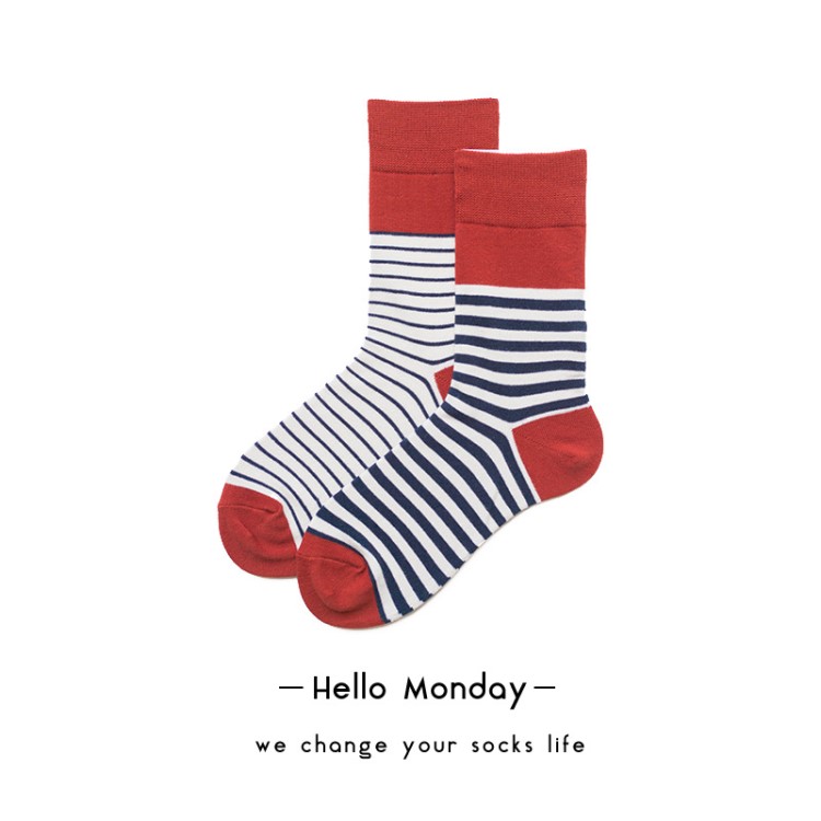 33449HelloMonday條紋控AB棉襪拼色粗細條紋拼色陰陽襪子男女襪子