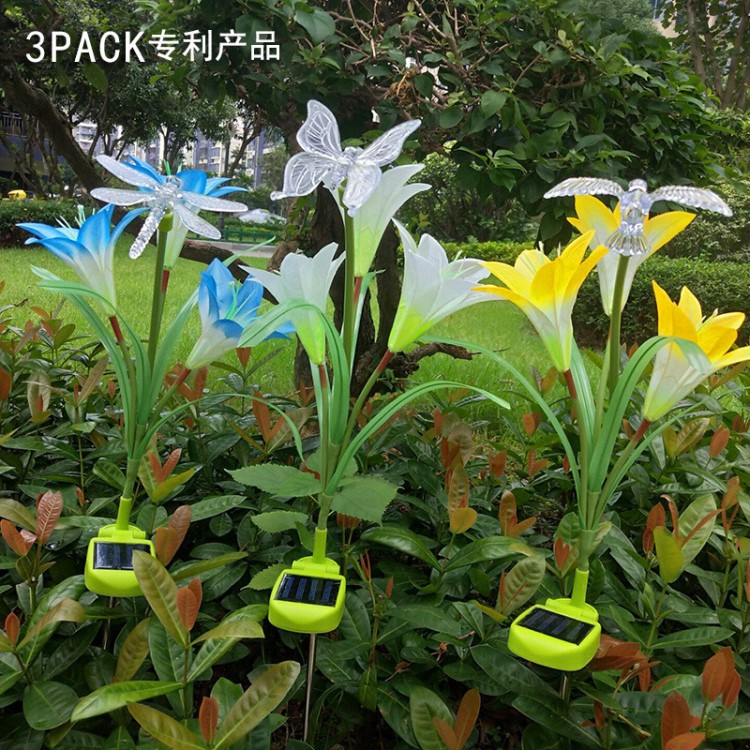太陽能地插百合花LED蝴蝶蜻蜓小鳥百合花燈組合裝太陽能仿真百合