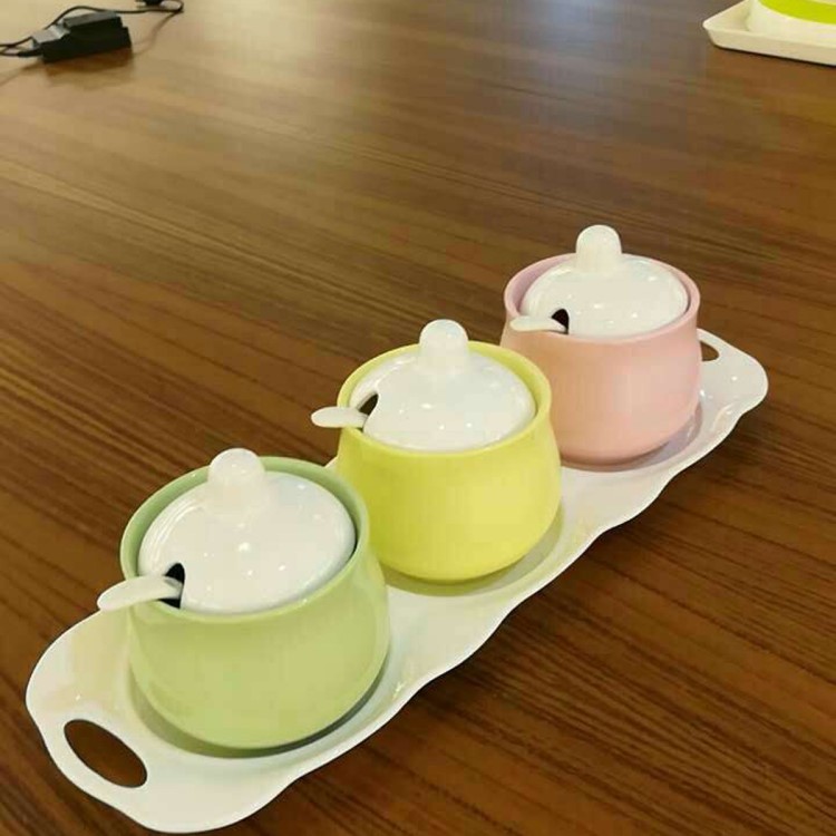 廚房用品色土鼓形陶瓷調(diào)味罐三件套 糖罐鹽瓶組合裝 節(jié)日禮品