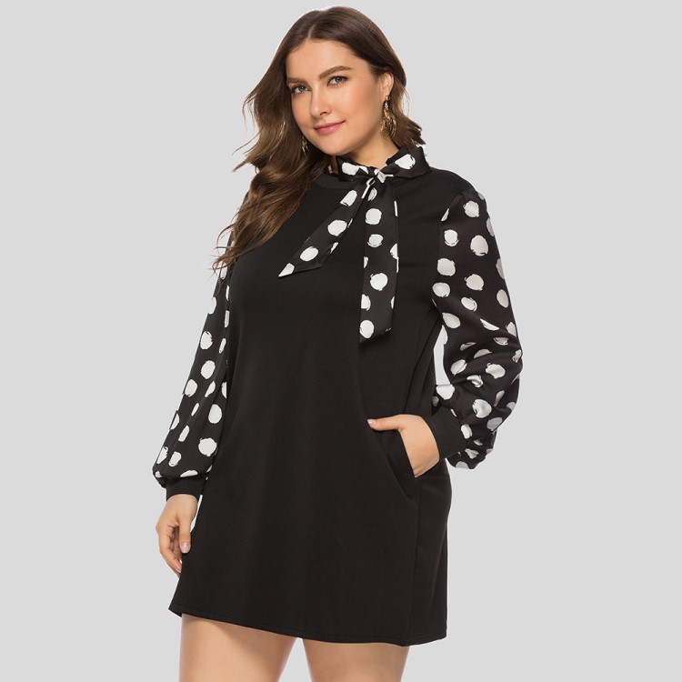 大碼女裝年早春女裝新款時尚氣質蝴蝶結領拼接波點連衣裙JR5688