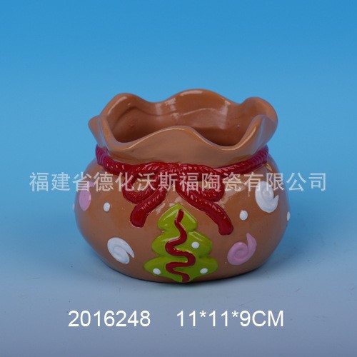 陶瓷圣誕花盆 圣誕禮盒帶蝴蝶結花盆 出口紅陶花缸 圣誕裝飾品