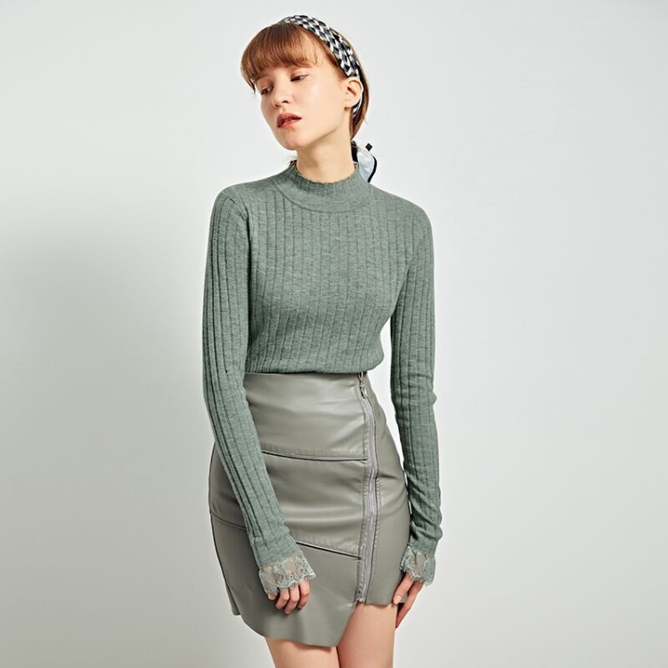 半高領亮絲邊 袖口蕾絲顯瘦打底衫女 2019秋冬新品全綿羊毛毛衣