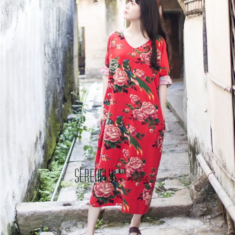 廠家直銷復(fù)古棉麻女裝中國風(fēng)印花袍子報(bào)喜鳥V領(lǐng)連衣裙七分袖 S02