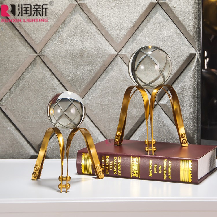 簡約現代水晶球配黃古銅色擺件 辦公書房拋光美觀圓潤工藝品裝飾
