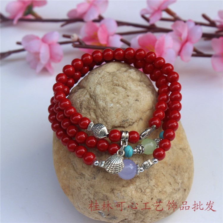 流行飾品 仿珊瑚紅藏銀吊墜三圈手鏈轉(zhuǎn)運(yùn)珠首飾女士手鏈批發(fā)