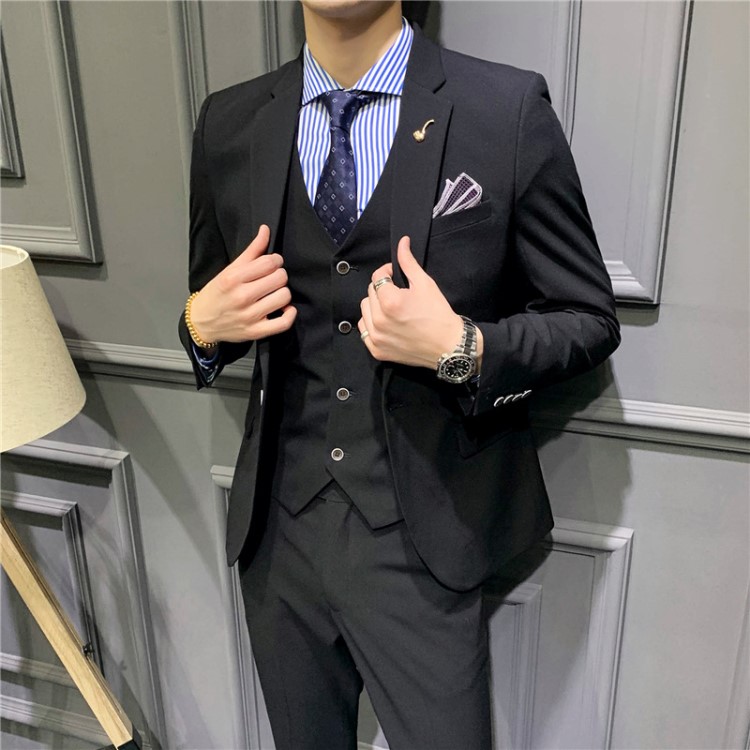 2019修身男装西服西裤马甲三件套商务休闲西服套装新郎伴郎婚礼服