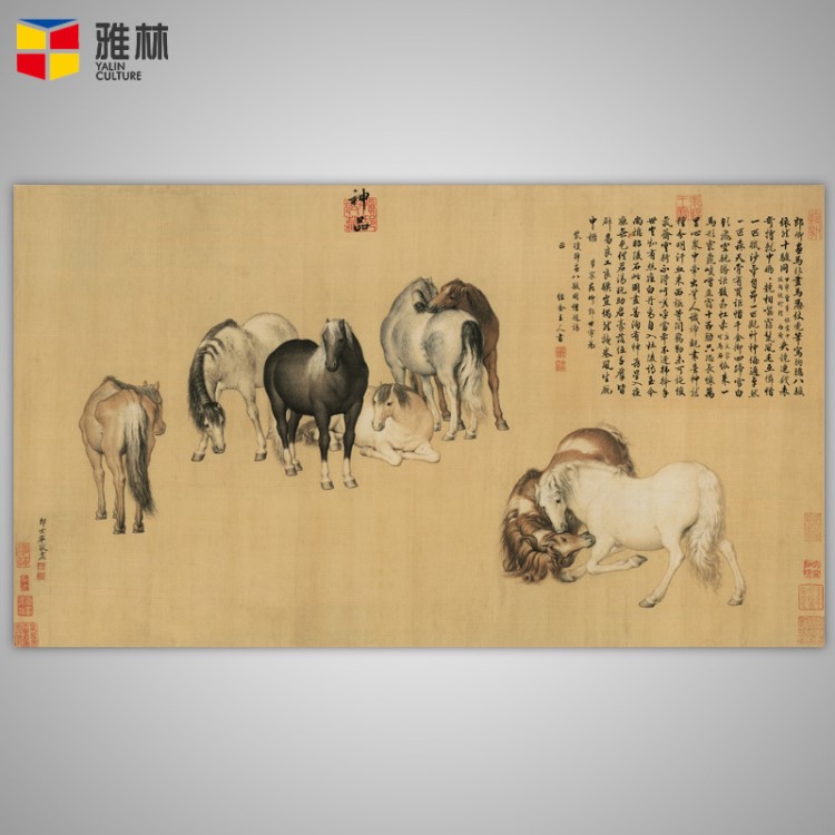 仿古字畫復(fù)制畫芯批發(fā)名家畫郎世寧-八駿圖神品藝術(shù)微噴裝裱定制