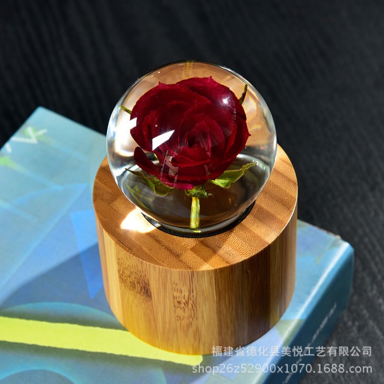玫瑰花水晶球音樂(lè)盒木質(zhì)八音盒蒲公英樹(shù)脂標(biāo)本工藝擺件情人節(jié)禮物