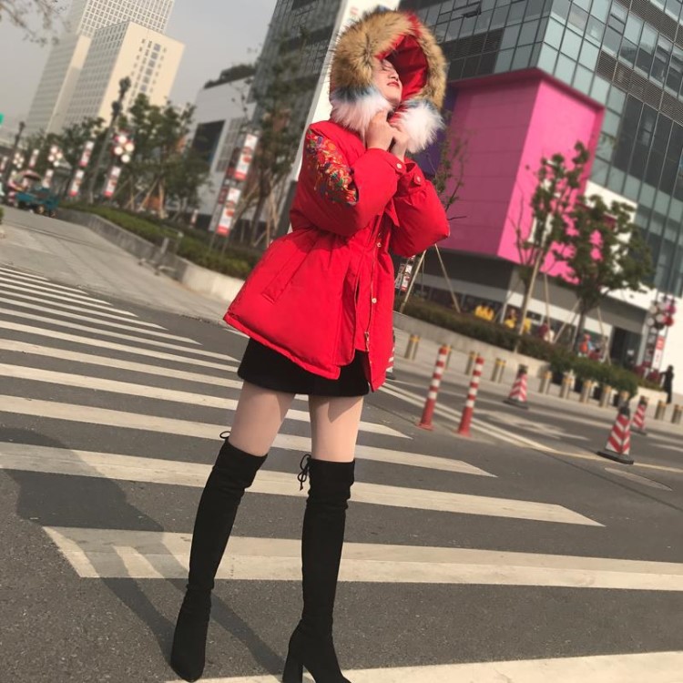 本命年女衣服套裝紅色冬季年輕棉衣外套女加厚大紅色收腰羽絨棉服