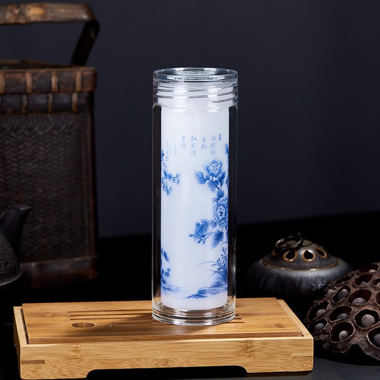 創意定制款雙層水晶玻璃杯 景德鎮青花瓷保溫隔熱直身杯紀念禮品