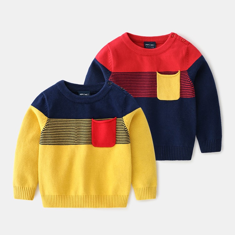 男童毛衣秋季新款童装小童棉套头衫上衣宝宝拼色条纹儿童针织衫