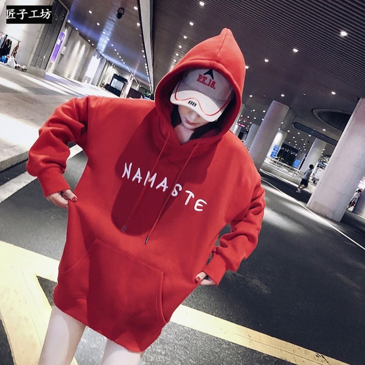 KEMAI超火紅色衛衣2018新款女長袖韓版寬松薄款春秋季繡花套頭