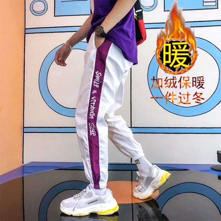秋冬季新款拼色加絨加厚休閑九分褲男大碼運(yùn)動(dòng)小腳褲韓版潮批發(fā)