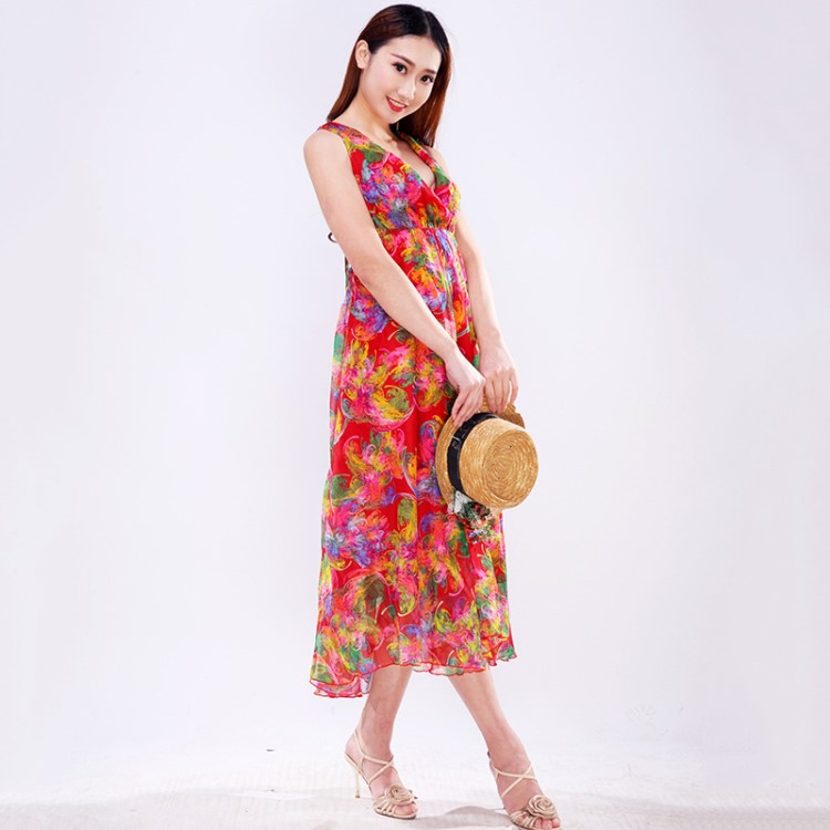 連衣裙 廠家直銷高腰鳳尾大花印花雪紡裙 波西米亞大擺印花長裙