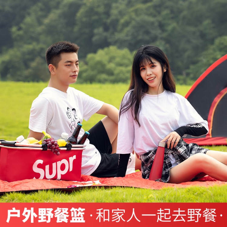 戶外野餐籃便攜可折疊置物籃車載收納籃子保溫冰包大容量購物藍