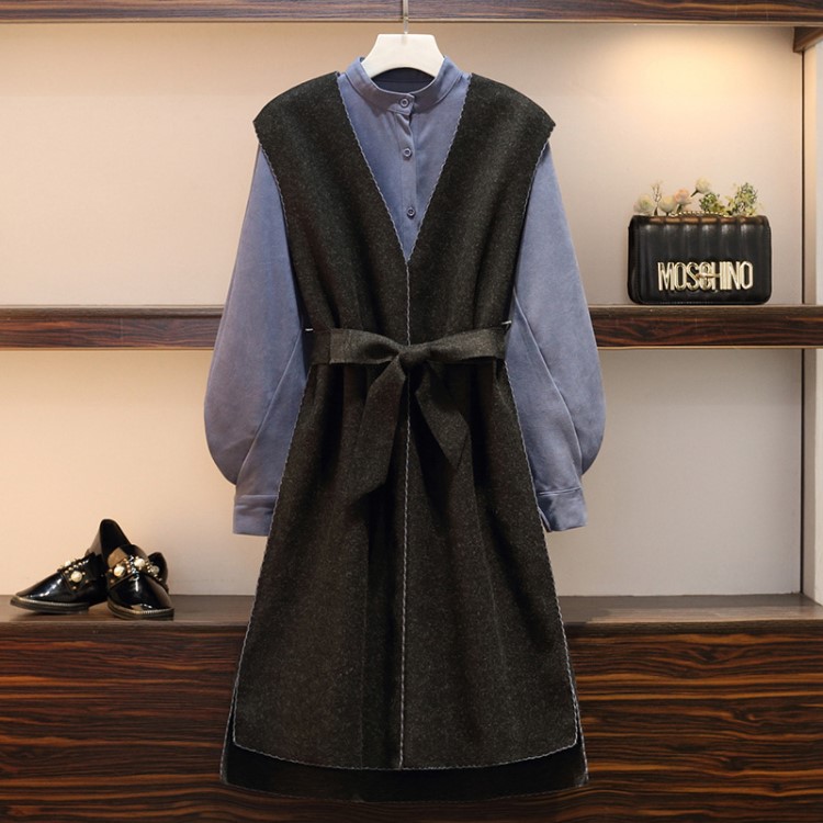 2019秋冬胖MM新款大碼女裝韓版燈籠袖襯衫兩件套毛呢背心連衣裙