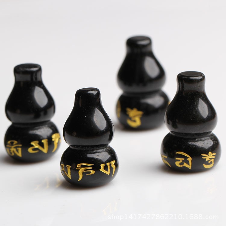  天然黑曜石小葫蘆 燙金六字真言葫蘆 天然水晶批發