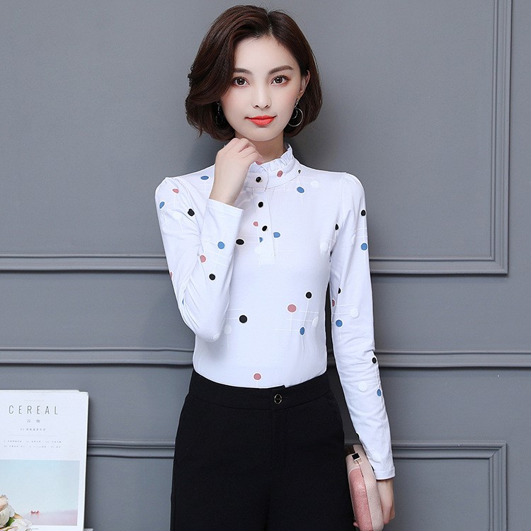 2019秋季新款韩版女装时尚修身显瘦立领长袖印花打底衫t恤女