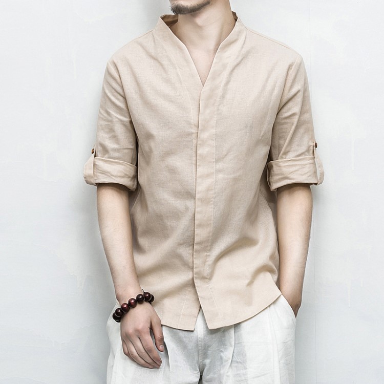 2018夏款新款中国风麻料衬衣男士七分袖7分衬衫男亚麻中袖男装