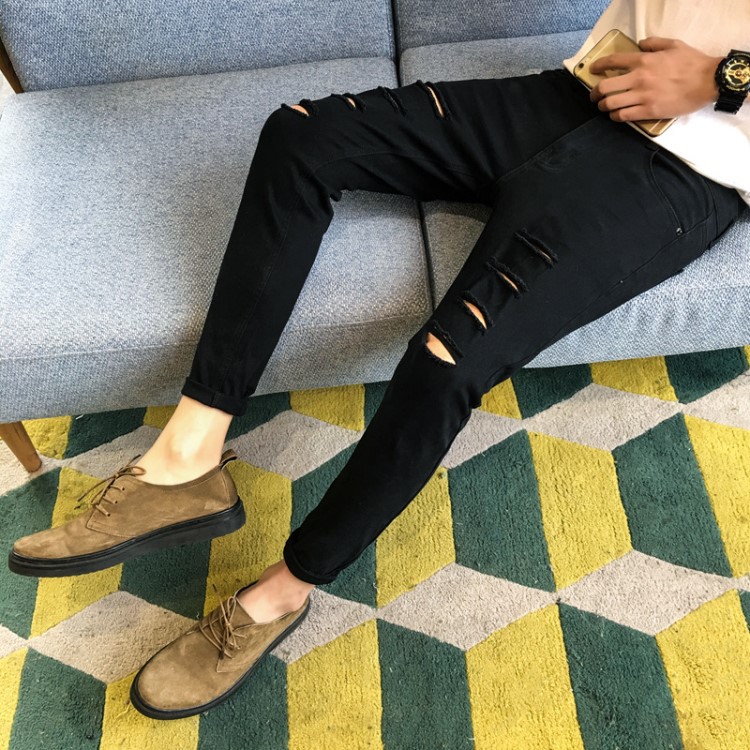 夏季新款權志龍同款牛仔褲膝蓋破洞小腳黑色緊身一字破褲子男牛仔